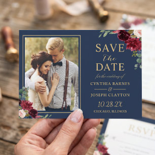 Navy Blue Red Floral Save the Date Photo Magnet