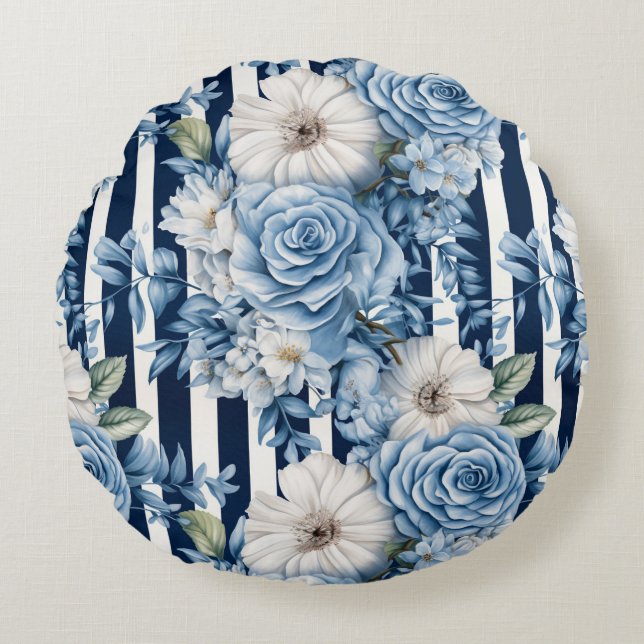 Navy Blue Red Floral Stripes Round Pillow (Front)