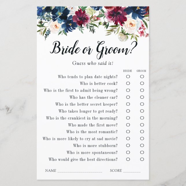 Navy Blue Red Floral Watercolor Bridal Shower Game (Front)