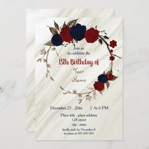 navy blue  red floral wreath birthday party invitation