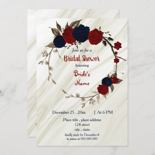 navy blue  red floral wreath bridal shower invitation