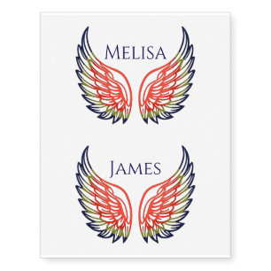 Navy Blue & Red His & Her Angel Wings with Names Temporary Tattoos
