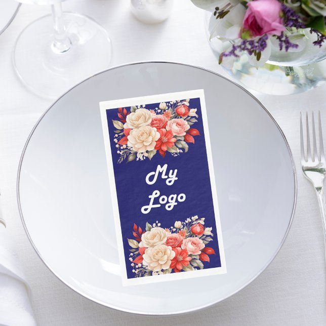 Navy blue red ivory florals business logo paper guest towels (Creator Uploaded)