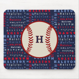 Navy Blue, Red Monogram Name pattern Kids baseball Mouse Pad