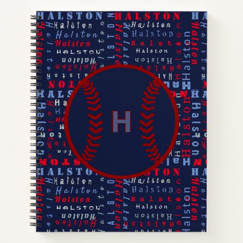 Navy Blue Red Monogram Name pattern Kids baseball Notebook