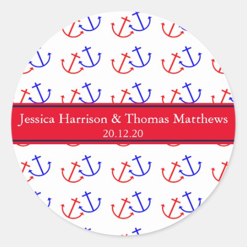 Navy Blue  Red Nautical Anchor Wedding Date Classic Round Sticker