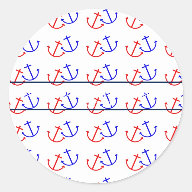 Navy Blue & Red Nautical Anchor Wedding Date Classic Round Sticker (Front)