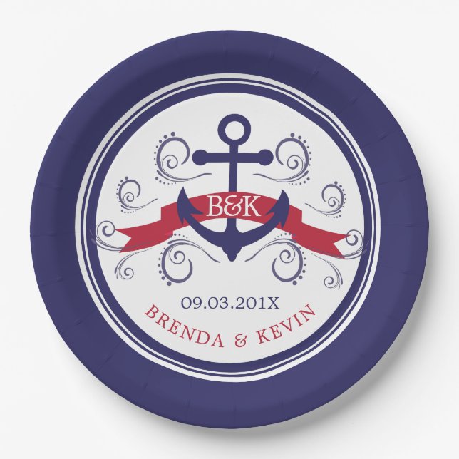 Navy-Blue & Red Nautical Boat Anchor With Banner Paper Plates (Front)