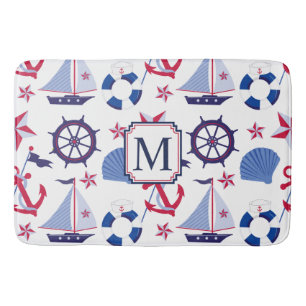 Navy Blue Red Nautical Monogram Bath Mat