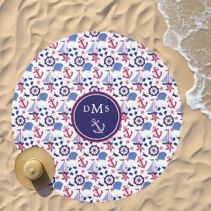 Navy Blue Red Nautical Pattern Beach Towel