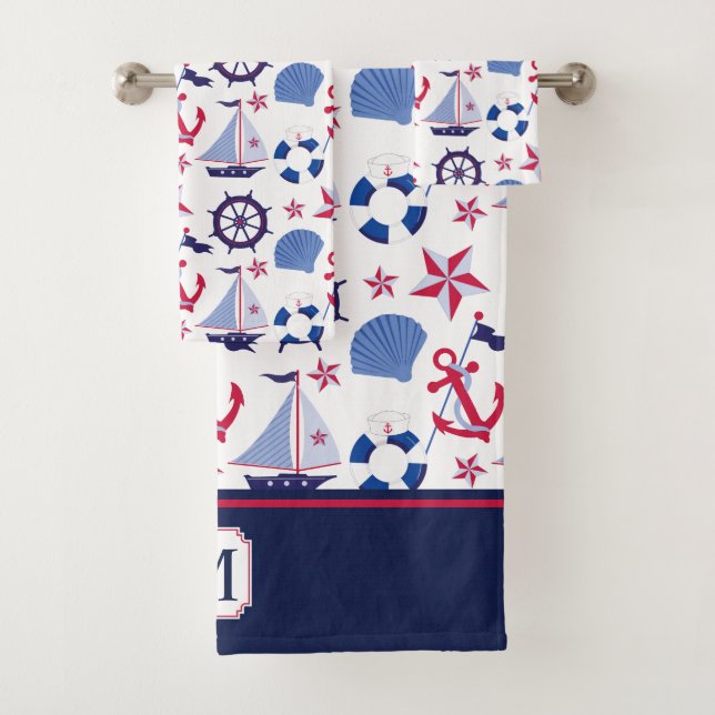 Navy Blue Red Nautical Pattern Monogram Bath Towel Set (Insitu)