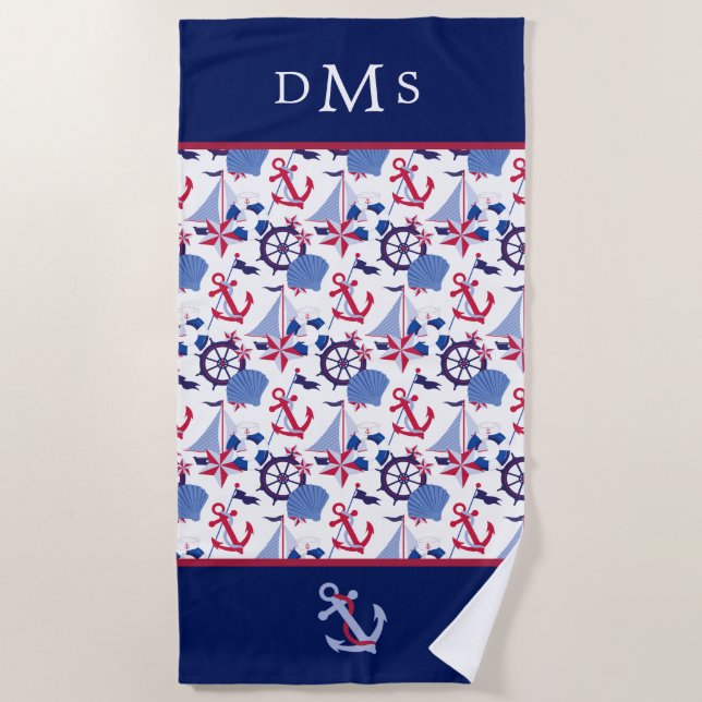 Navy Blue Red Nautical Pattern Monogram Beach Towel (Front)