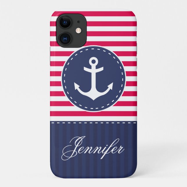 Navy Blue Red Pattern Anchor Customizable Case-Mate iPhone Case (Back)
