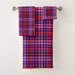 Navy Blue Red Pink Plaid Tartan Design  Bath Towel Set