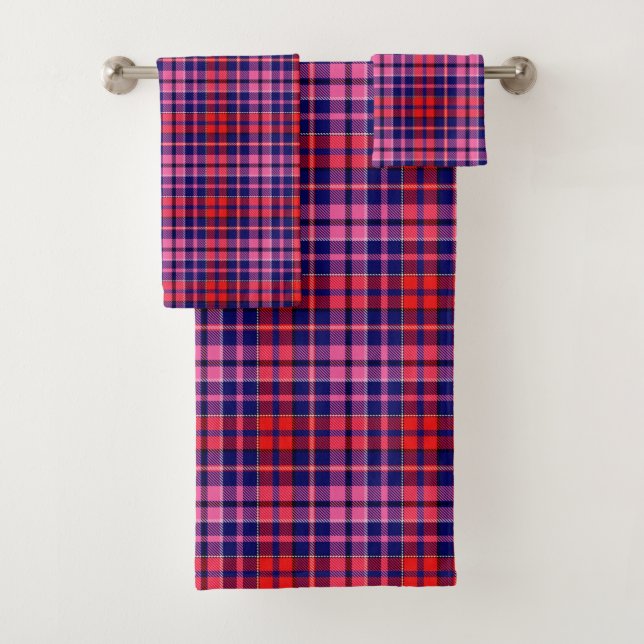 Navy Blue Red Pink Plaid Tartan Design  Bath Towel Set (Insitu)