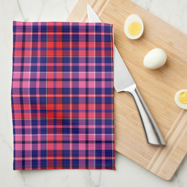 Navy Blue Red Pink Plaid Tartan Design  Kitchen Towel (Quarter Fold)