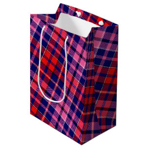 Navy Blue Red Pink Plaid Tartan Design  Medium Gift Bag