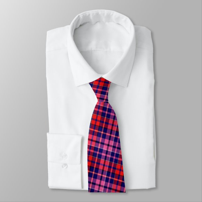 Navy Blue Red Pink Plaid Tartan Design  Neck Tie (Tied)