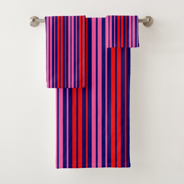 Navy Blue Red Pink Vertical Stripes Design   Bath Towel Set (Insitu)