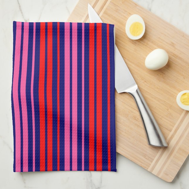 Navy Blue Red Pink Vertical Stripes Design   Kitchen Towel (Quarter Fold)
