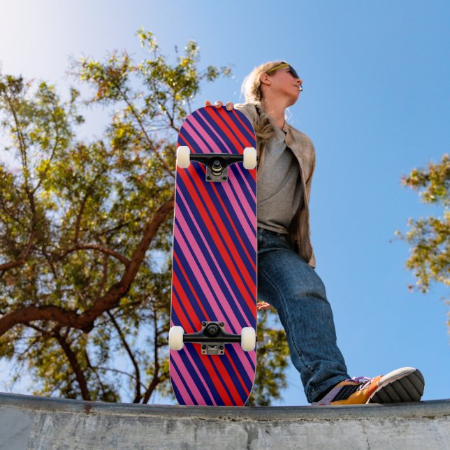 Navy Blue Red Pink Vertical Stripes Design   Skateboard (Outdoor 1)