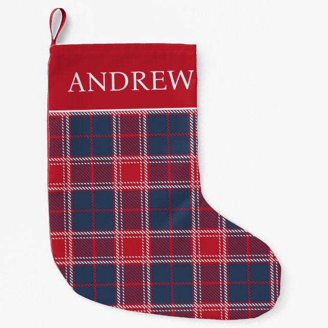Navy Blue Red Plaid Tartan Christmas Stocking (Front)
