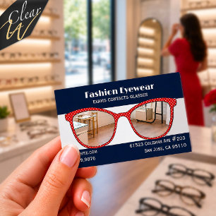 Navy Blue Red Polka Dot Eyeglasses Clear Business Cards
