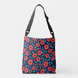 Navy Blue Red Poppy Floral Print Pattern Crossbody Bag