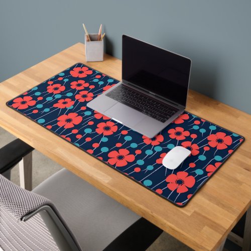 Navy Blue Red Poppy Floral Print Pattern Desk Mat