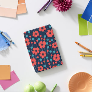 Navy Blue Red Poppy Floral Print Pattern iPad Mini Cover