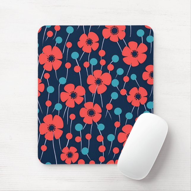 Navy Blue Red Poppy Floral Print Pattern Mouse Pad (With Mouse)