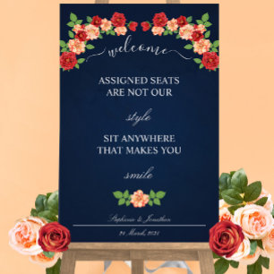 Navy Blue Red Rose Sit Anywhere Wedding Seating Poster