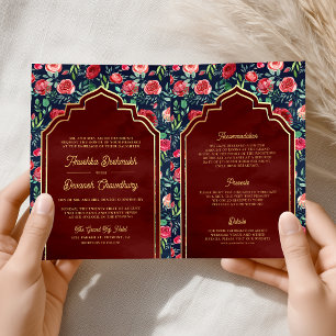 Navy Blue Red Roses Floral Gold Indian Wedding Invitation