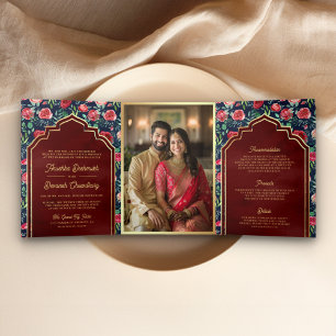 Navy Blue Red Roses Floral Gold Indian Wedding Tri-Fold Invitation