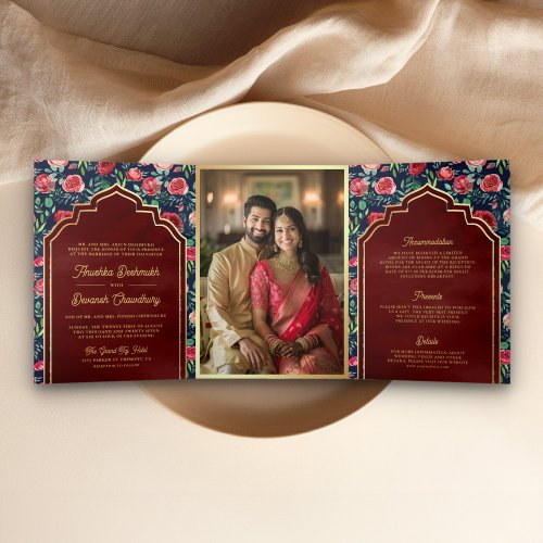 Navy Blue Red Roses Floral Gold Indian Wedding Tri_Fold Invitation