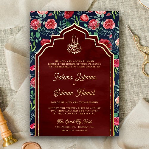 Navy Blue Red Roses Floral Muslim Wedding Gold Foil Invitation