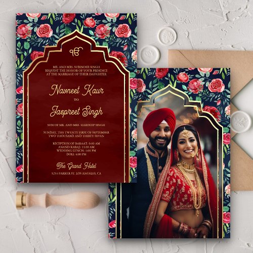 Navy Blue Red Roses Photo Anand Karaj Sikh Wedding Invitation