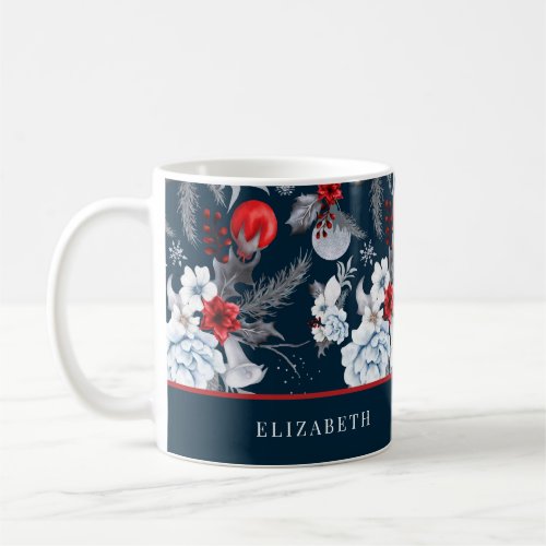 Navy Blue Red Silver Foliage Holiday Coffee Mug