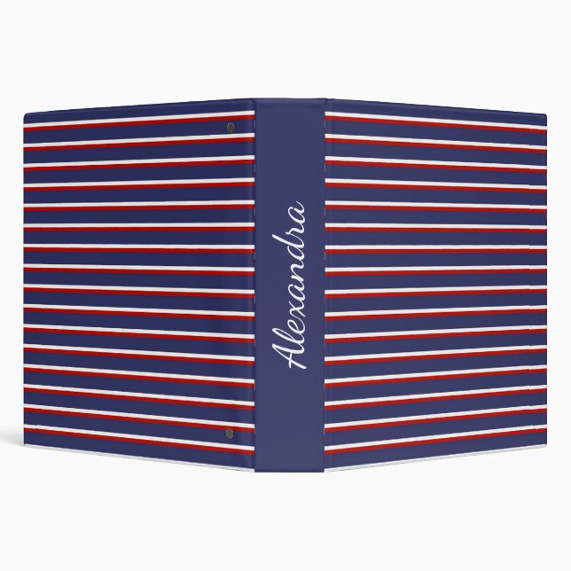 Navy Blue Red Stripe Pattern 3 Ring Binder (Background)