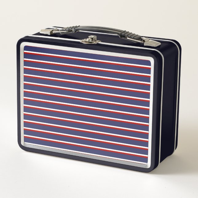 Navy Blue Red Stripe Pattern Metal Lunch Box (Front)
