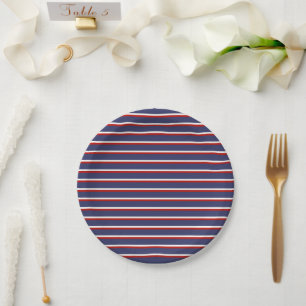 Navy Blue Red Stripe Pattern Paper Plates