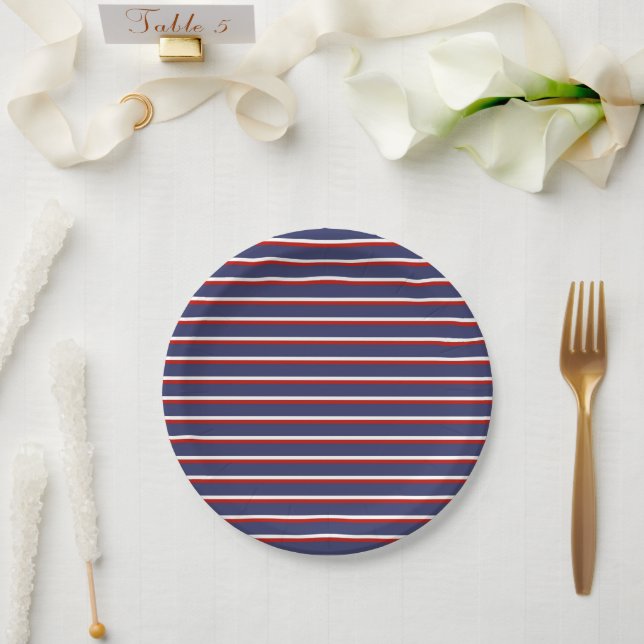 Navy Blue Red Stripe Pattern Paper Plates (Wedding)