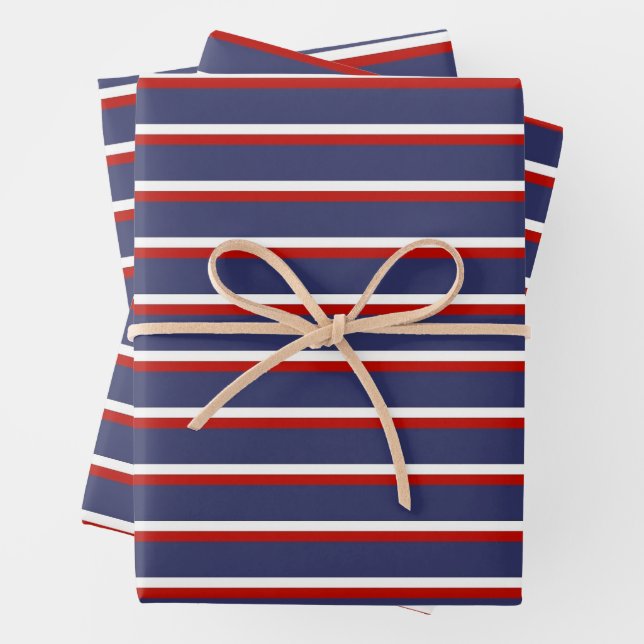 Navy Blue Red Stripe Pattern Wrapping Paper Sheets (In situ)