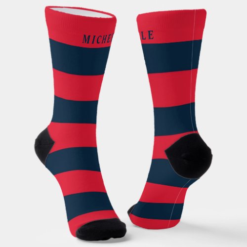 Navy Blue Red Striped For Custom Name  Socks