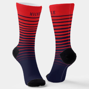 Navy Blue Red Striped For Custom Name Socks