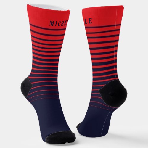 Navy Blue Red Striped For Custom Name  Socks