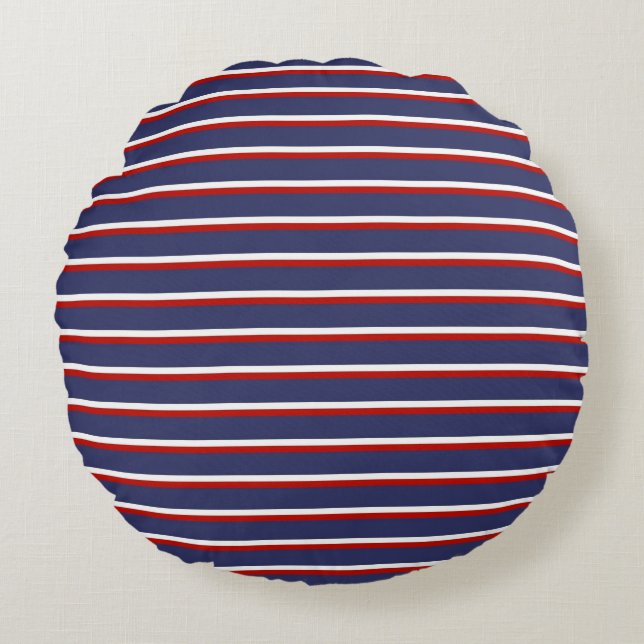 Navy Blue Red Striped Modern Stylish Pattern Round Pillow (Front)