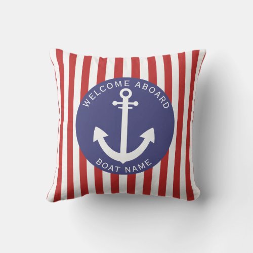 Navy Blue Red Stripes Boat Name Anchor Nautical  Outdoor Pillow