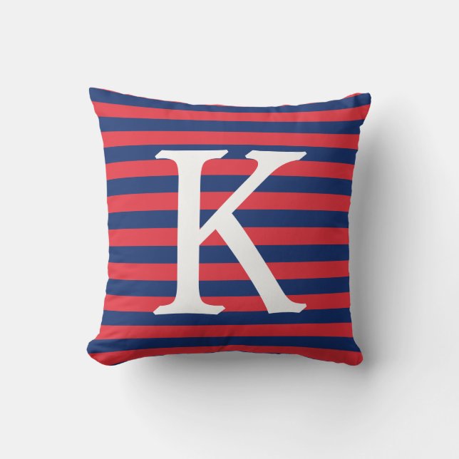 Navy Blue & Red Stripes Monogram Throw Pillow (Front)
