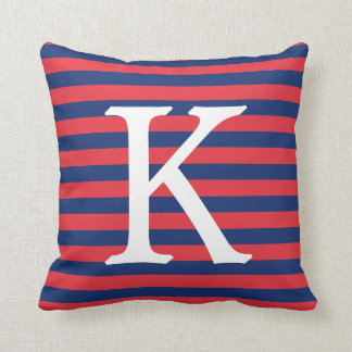 Navy Blue & Red Stripes Monogram Throw Pillow